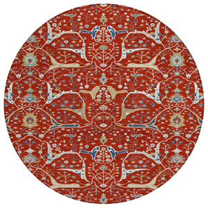 HomeRoots 8' Round Floral Area Rug in Red, Blue & Ivory – Washable, Durable for Indoor/Outdoor Use, Easy Care 640460