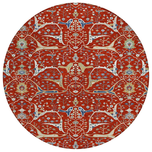 HomeRoots 8' Round Floral Area Rug in Red, Blue & Ivory – Washable, Durable for Indoor/Outdoor Use, Easy Care 640460