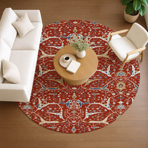 HomeRoots 8' Round Floral Area Rug in Red, Blue & Ivory – Washable, Durable for Indoor/Outdoor Use, Easy Care 640460
