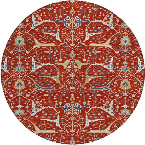 HomeRoots 8' Round Floral Area Rug in Red, Blue & Ivory – Washable, Durable for Indoor/Outdoor Use, Easy Care 640460