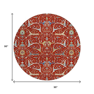 HomeRoots 8' Round Floral Area Rug in Red, Blue & Ivory – Washable, Durable for Indoor/Outdoor Use, Easy Care 640460