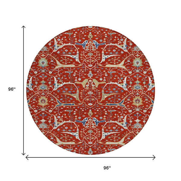 HomeRoots 8' Round Floral Area Rug in Red, Blue & Ivory – Washable, Durable for Indoor/Outdoor Use, Easy Care 640460