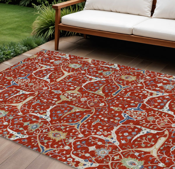 HomeRoots 10' X 14' Floral Area Rug - Washable & Durable Red, Blue, Ivory Design for Indoor/Outdoor Spaces 640463