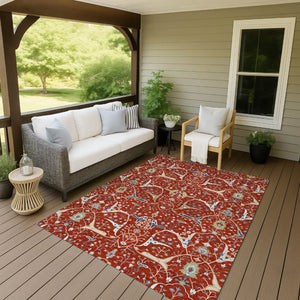 HomeRoots 10' X 14' Floral Area Rug - Washable & Durable Red, Blue, Ivory Design for Indoor/Outdoor Spaces 640463