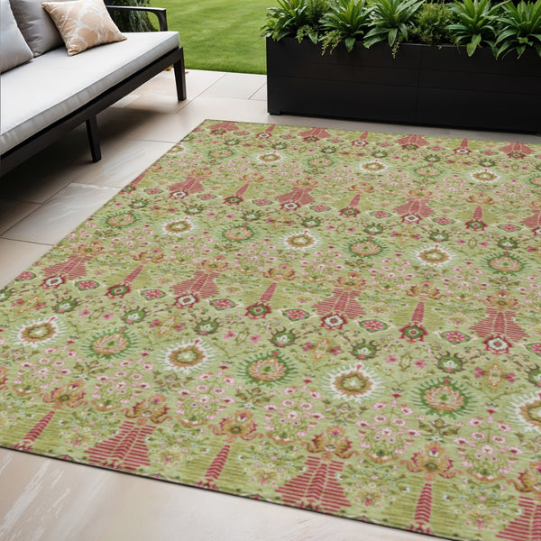 HomeRoots 5' Artichoke Green & Blush Floral Area Rug - Durable, Washable Indoor/Outdoor Accent for Any Space 640467