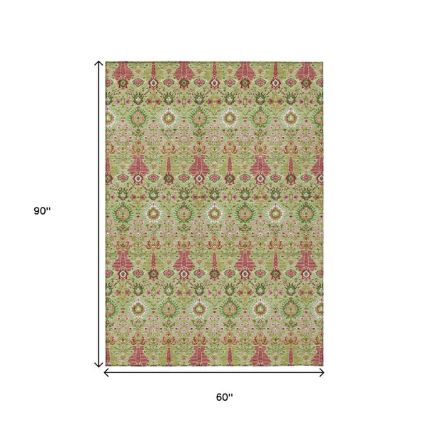 HomeRoots 5' Artichoke Green & Blush Floral Area Rug - Durable, Washable Indoor/Outdoor Accent for Any Space 640467