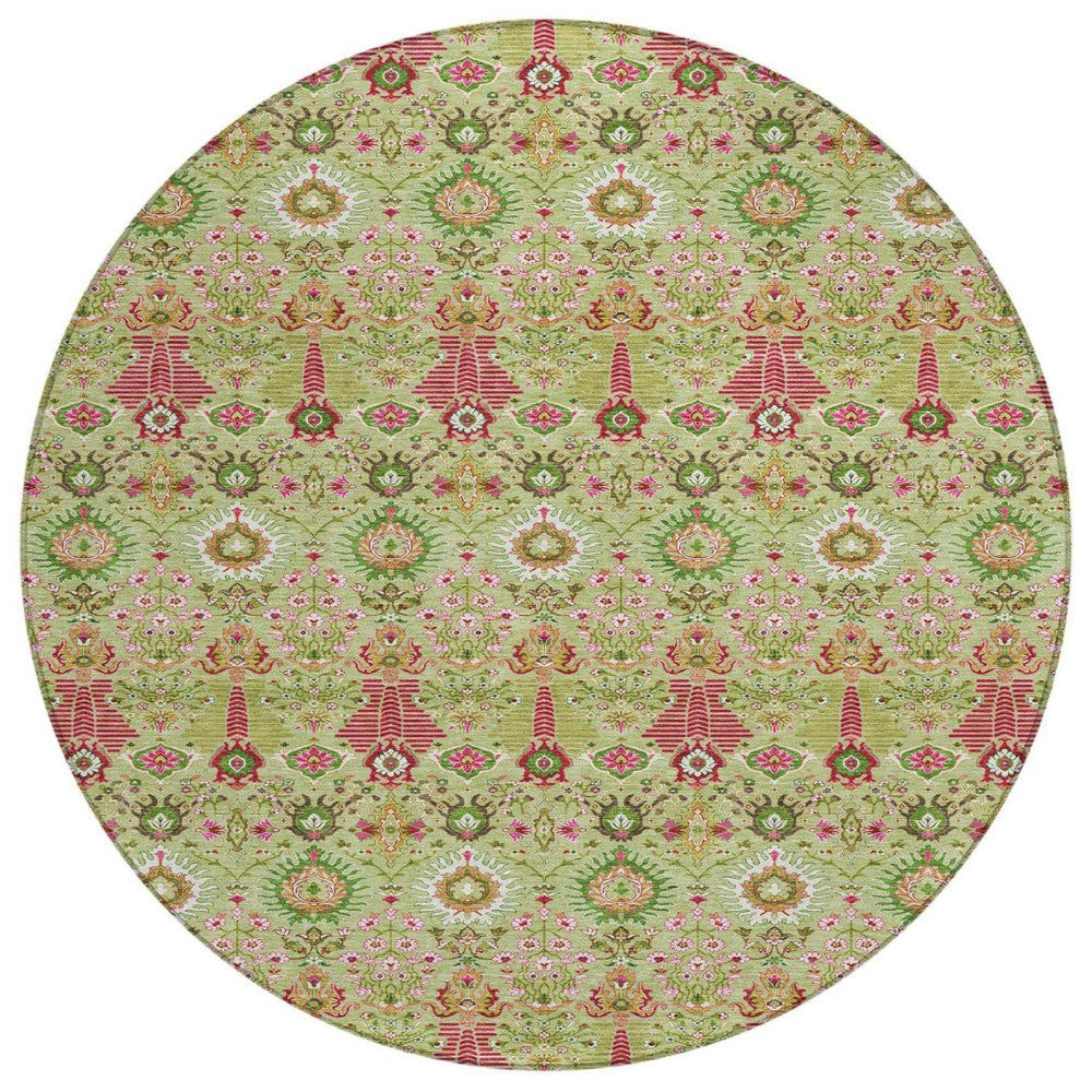 HomeRoots 8' Stylish Artichoke Green & Blush Floral Round Area Rug - Durable, Machine Washable for Indoor/Outdoor Use 640468
