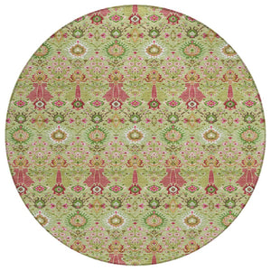 HomeRoots 8' Stylish Artichoke Green & Blush Floral Round Area Rug - Durable, Machine Washable for Indoor/Outdoor Use 640468