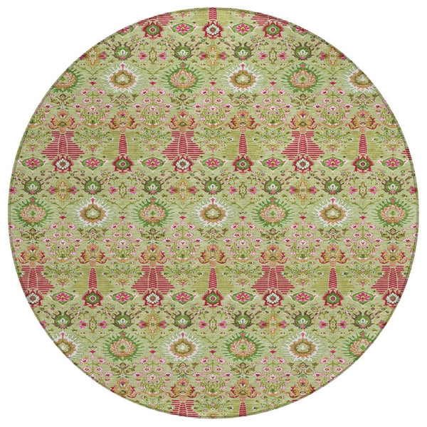 HomeRoots 8' Stylish Artichoke Green & Blush Floral Round Area Rug - Durable, Machine Washable for Indoor/Outdoor Use 640468