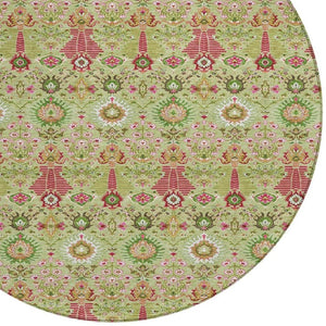 HomeRoots 8' Stylish Artichoke Green & Blush Floral Round Area Rug - Durable, Machine Washable for Indoor/Outdoor Use 640468