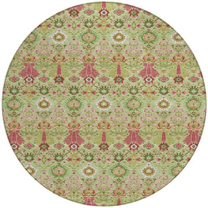 HomeRoots 8' Stylish Artichoke Green & Blush Floral Round Area Rug - Durable, Machine Washable for Indoor/Outdoor Use 640468