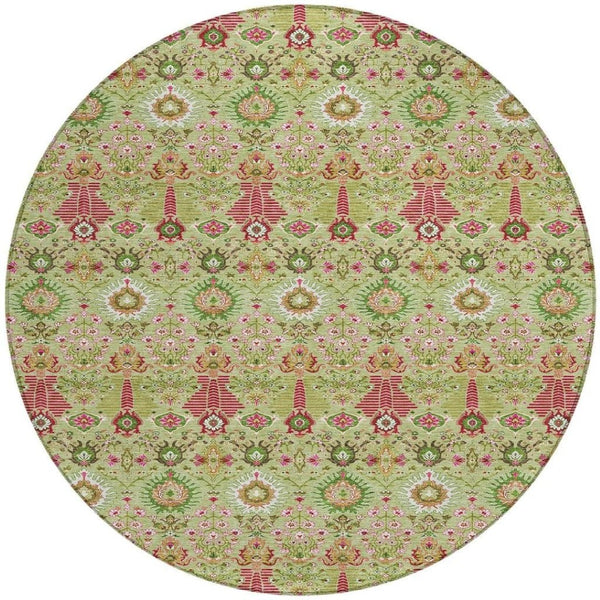 HomeRoots 8' Stylish Artichoke Green & Blush Floral Round Area Rug - Durable, Machine Washable for Indoor/Outdoor Use 640468