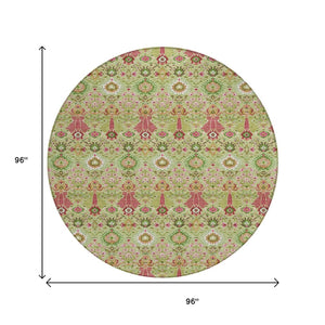HomeRoots 8' Stylish Artichoke Green & Blush Floral Round Area Rug - Durable, Machine Washable for Indoor/Outdoor Use 640468