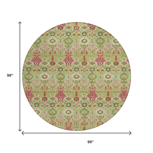 HomeRoots 8' Stylish Artichoke Green & Blush Floral Round Area Rug - Durable, Machine Washable for Indoor/Outdoor Use 640468