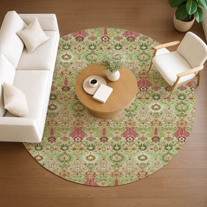 HomeRoots 8' Stylish Artichoke Green & Blush Floral Round Area Rug - Durable, Machine Washable for Indoor/Outdoor Use 640468