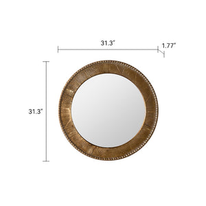 English Elm 31.3" Gold Iron Round Mirror Ribbed Texture Rivets Bohemian Accent for Bedroom W3158P407140