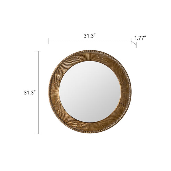 English Elm 31.3" Gold Iron Round Mirror Ribbed Texture Rivets Bohemian Accent for Bedroom W3158P407140