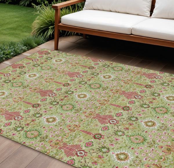 HomeRoots 9' Artichoke Green & Blush Floral Washable Indoor/Outdoor Area Rug – Durable, Elegant & Versatile! 640470
