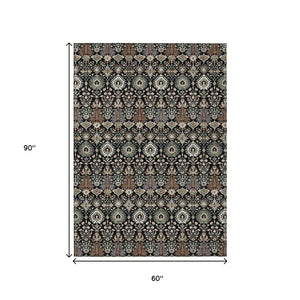HomeRoots 5' X 8' Black And Ivory Floral Area Rug - Durable Washable Design for Indoor & Outdoor Elegance 640473