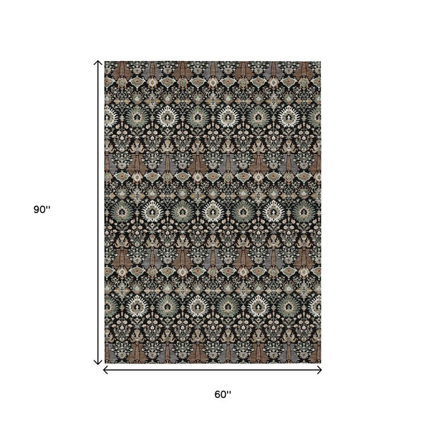 HomeRoots 5' X 8' Black And Ivory Floral Area Rug - Durable Washable Design for Indoor & Outdoor Elegance 640473