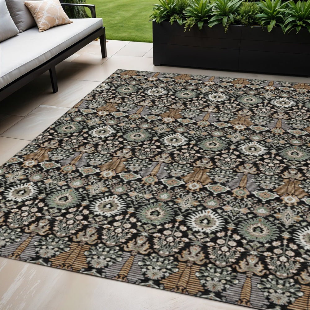 HomeRoots 5' X 8' Black And Ivory Floral Area Rug - Durable Washable Design for Indoor & Outdoor Elegance 640473