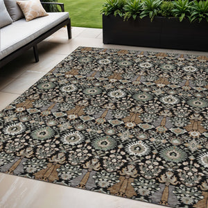 HomeRoots 5' X 8' Black And Ivory Floral Area Rug - Durable Washable Design for Indoor & Outdoor Elegance 640473