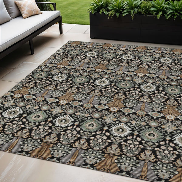 HomeRoots 5' X 8' Black And Ivory Floral Area Rug - Durable Washable Design for Indoor & Outdoor Elegance 640473