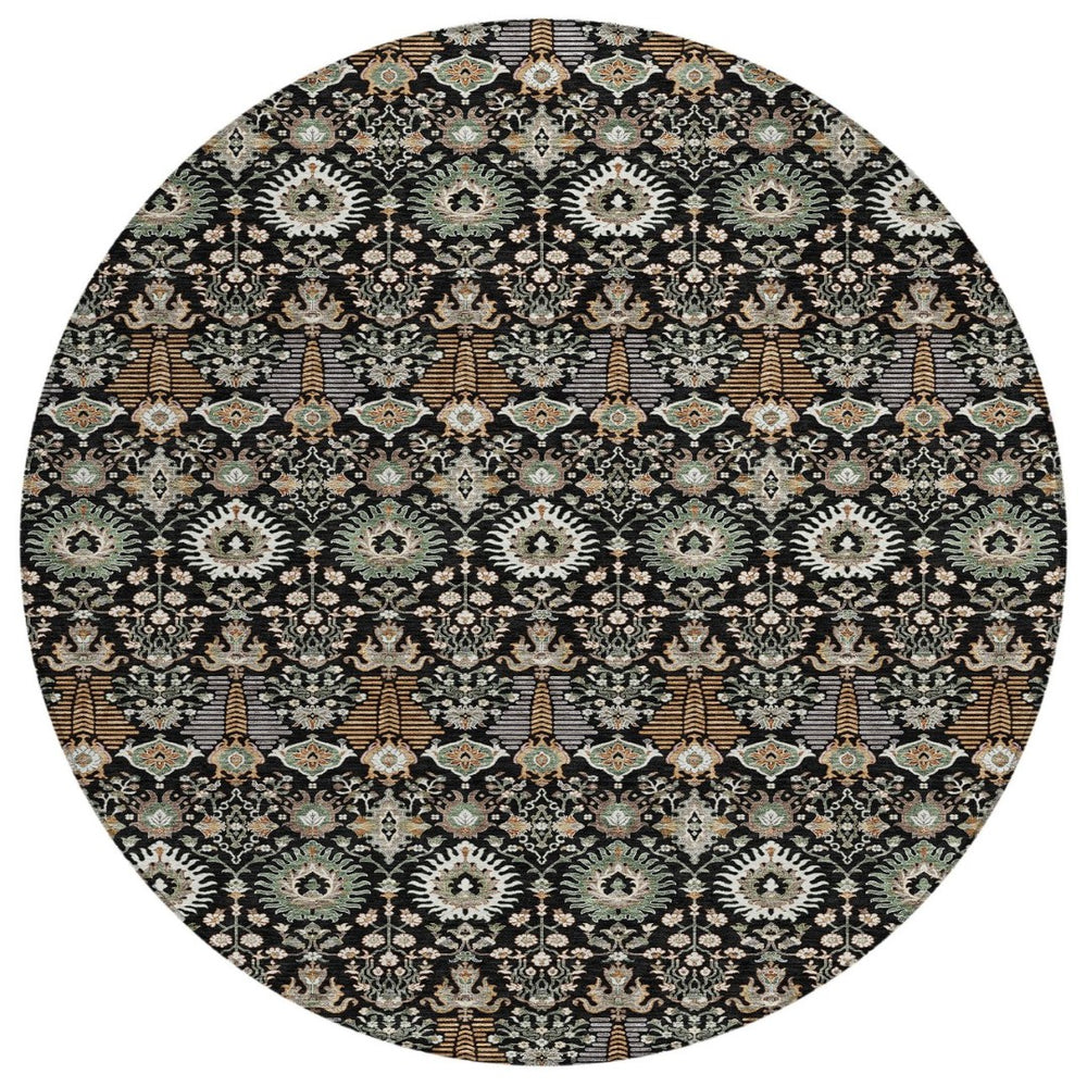 HomeRoots 8' Black And Ivory Round Floral Rug - Stylish, Washable Design for Indoor/Outdoor Living Spaces 640474