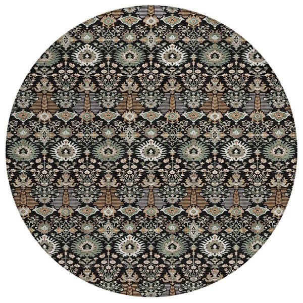 HomeRoots 8' Black And Ivory Round Floral Rug - Stylish, Washable Design for Indoor/Outdoor Living Spaces 640474