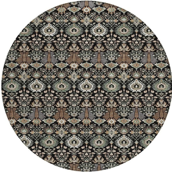 HomeRoots 8' Black And Ivory Round Floral Rug - Stylish, Washable Design for Indoor/Outdoor Living Spaces 640474