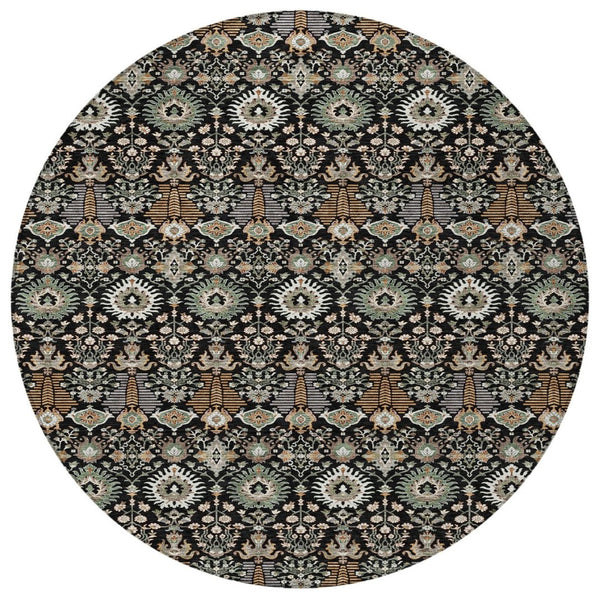 HomeRoots 8' Black And Ivory Round Floral Rug - Stylish, Washable Design for Indoor/Outdoor Living Spaces 640474
