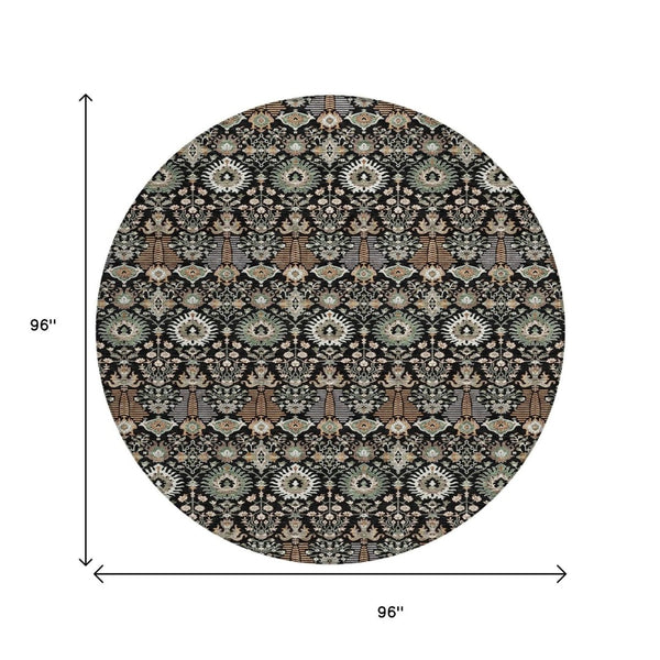 HomeRoots 8' Black And Ivory Round Floral Rug - Stylish, Washable Design for Indoor/Outdoor Living Spaces 640474