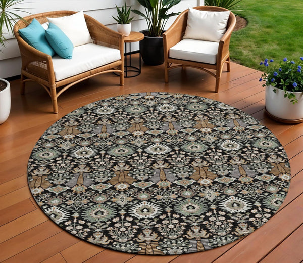 HomeRoots 8' Black And Ivory Round Floral Rug - Stylish, Washable Design for Indoor/Outdoor Living Spaces 640474