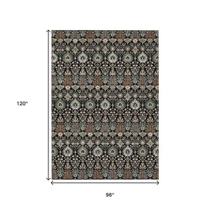 HomeRoots 8' X 10' Black and Ivory Floral Area Rug - Durable, Washable Design for Indoor & Outdoor Use 640475
