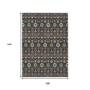 HomeRoots 9' X 12' Black and Ivory Floral Area Rug - Washable, Durable, Stylish for Indoor & Outdoor Spaces 640476