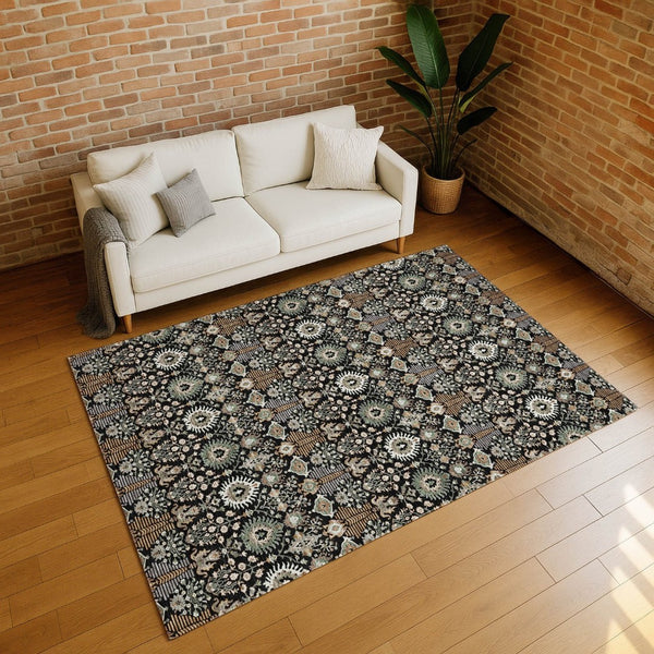 HomeRoots 9' X 12' Black and Ivory Floral Area Rug - Washable, Durable, Stylish for Indoor & Outdoor Spaces 640476