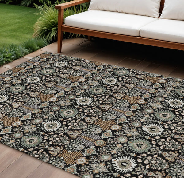 HomeRoots 10' Black and Ivory Floral Area Rug - Washable Indoor/Outdoor Design for Elegant Spaces, Durable Style 640477