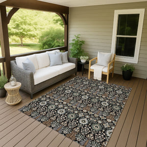 HomeRoots 10' Black and Ivory Floral Area Rug - Washable Indoor/Outdoor Design for Elegant Spaces, Durable Style 640477