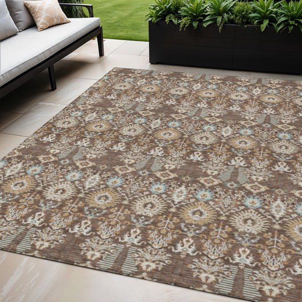 HomeRoots 5' X 8' Brown and Beige Floral Area Rug - Stylish, Washable Indoor/Outdoor Rug for Versatile Spaces 640479