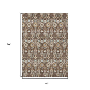 HomeRoots 5' X 8' Brown and Beige Floral Area Rug - Stylish, Washable Indoor/Outdoor Rug for Versatile Spaces 640479