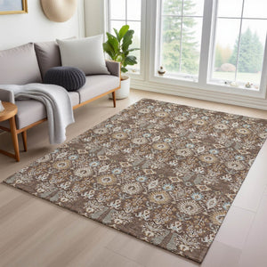 HomeRoots 5' X 8' Brown and Beige Floral Area Rug - Stylish, Washable Indoor/Outdoor Rug for Versatile Spaces 640479