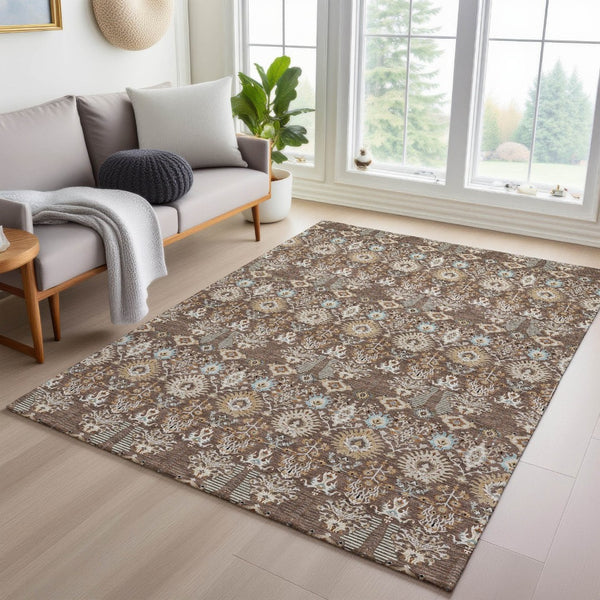 HomeRoots 5' X 8' Brown and Beige Floral Area Rug - Stylish, Washable Indoor/Outdoor Rug for Versatile Spaces 640479