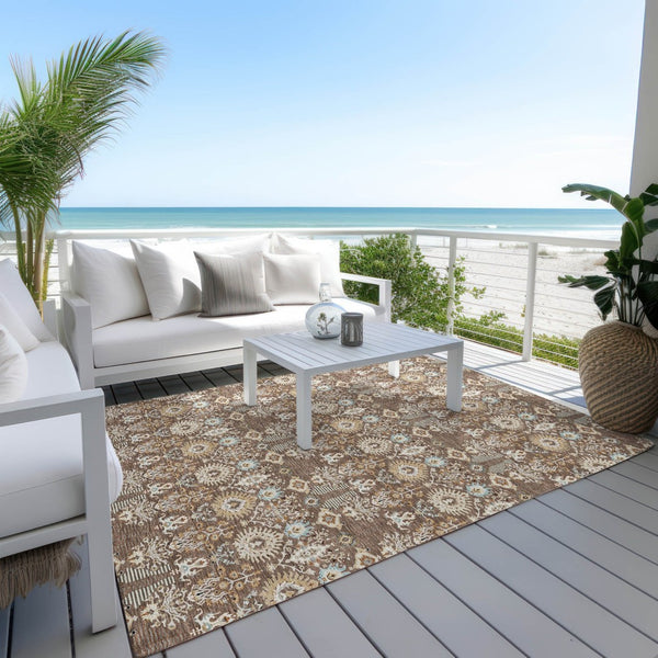 HomeRoots 5' X 8' Brown and Beige Floral Area Rug - Stylish, Washable Indoor/Outdoor Rug for Versatile Spaces 640479
