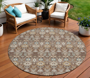 HomeRoots 8' Round Floral Washable Area Rug – Elegant Brown & Beige Design for Indoor/Outdoor Spaces, Easy Care 640480