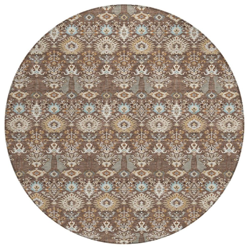 HomeRoots 8' Round Floral Washable Area Rug – Elegant Brown & Beige Design for Indoor/Outdoor Spaces, Easy Care 640480