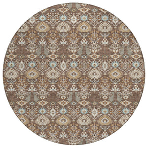 HomeRoots 8' Round Floral Washable Area Rug – Elegant Brown & Beige Design for Indoor/Outdoor Spaces, Easy Care 640480