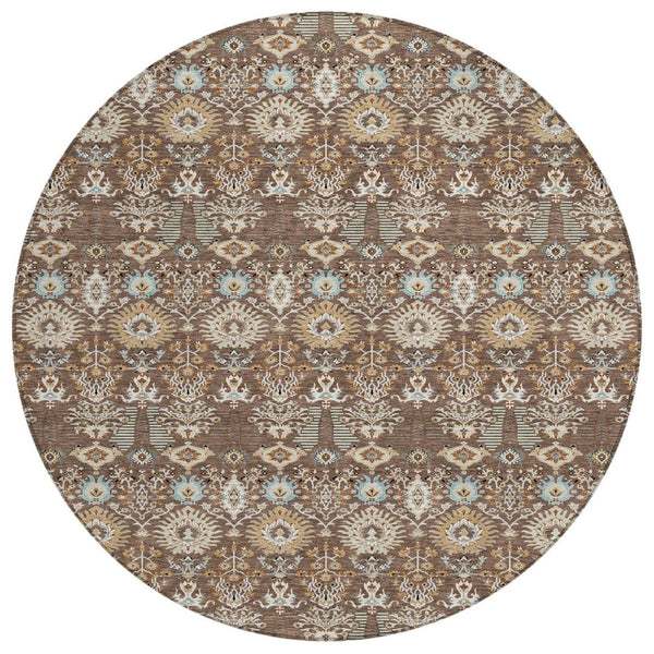 HomeRoots 8' Round Floral Washable Area Rug – Elegant Brown & Beige Design for Indoor/Outdoor Spaces, Easy Care 640480