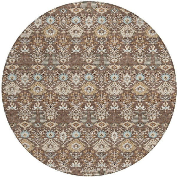 HomeRoots 8' Round Floral Washable Area Rug – Elegant Brown & Beige Design for Indoor/Outdoor Spaces, Easy Care 640480