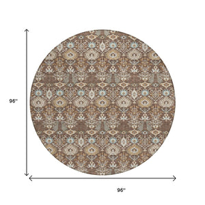 HomeRoots 8' Round Floral Washable Area Rug – Elegant Brown & Beige Design for Indoor/Outdoor Spaces, Easy Care 640480