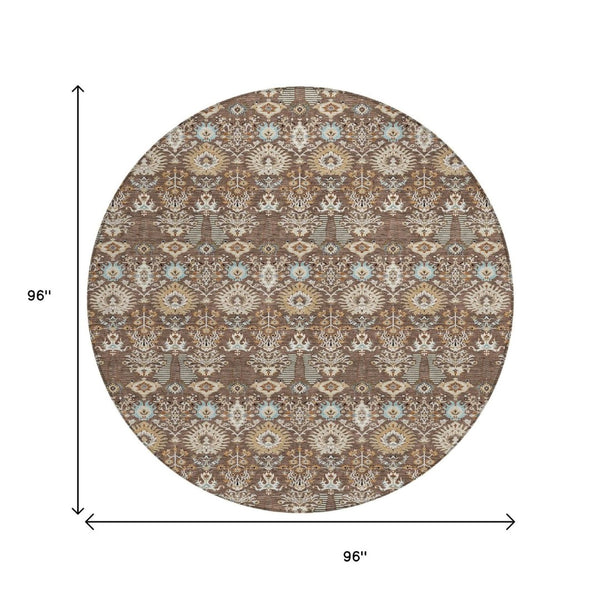 HomeRoots 8' Round Floral Washable Area Rug – Elegant Brown & Beige Design for Indoor/Outdoor Spaces, Easy Care 640480